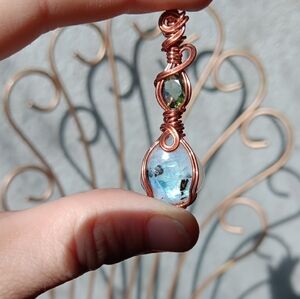 Moonstone W/ Tourmaline And A Facets Moldavite In Copper Wrapped Pendant